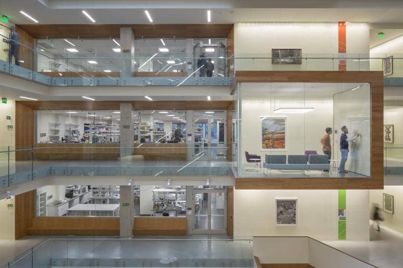  Cantilevered pods extend into the atrium to serve as creative spaces for spontaneous meetings. Photographer: Lara Swimmer 